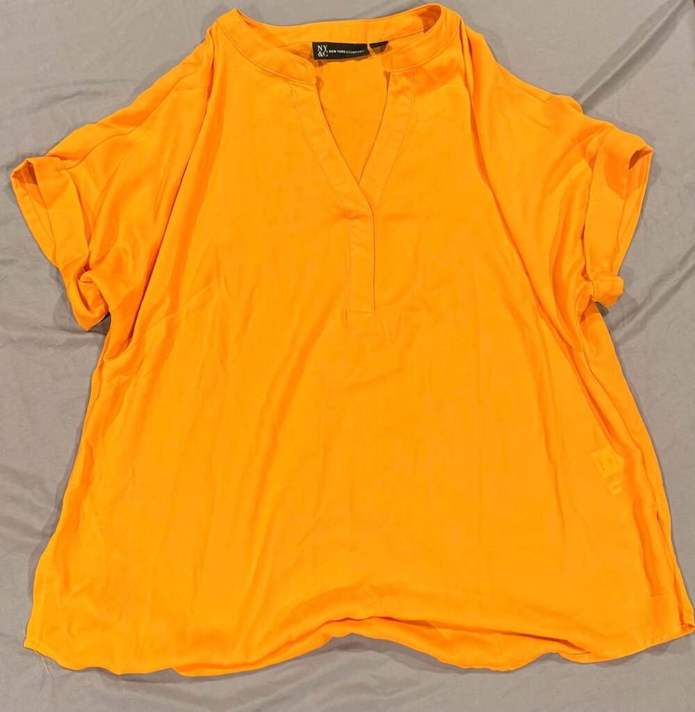 New York & Company Orange V-Neck Dolman Short Sleeve Blouse Top